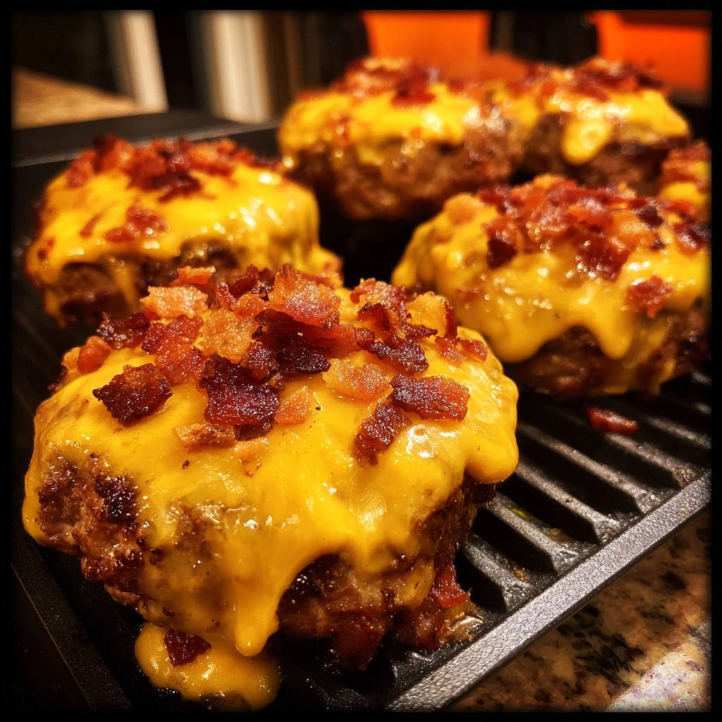Grilled bacon-cheddar patties topped with melted cheddar cheese and crumbled bacon, served on a grill pan.