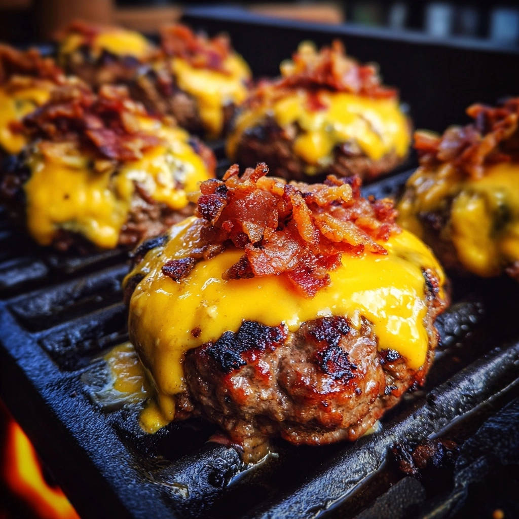 Grilled bacon-cheddar patties with melted cheese topping and crispy bacon bits on a grill.