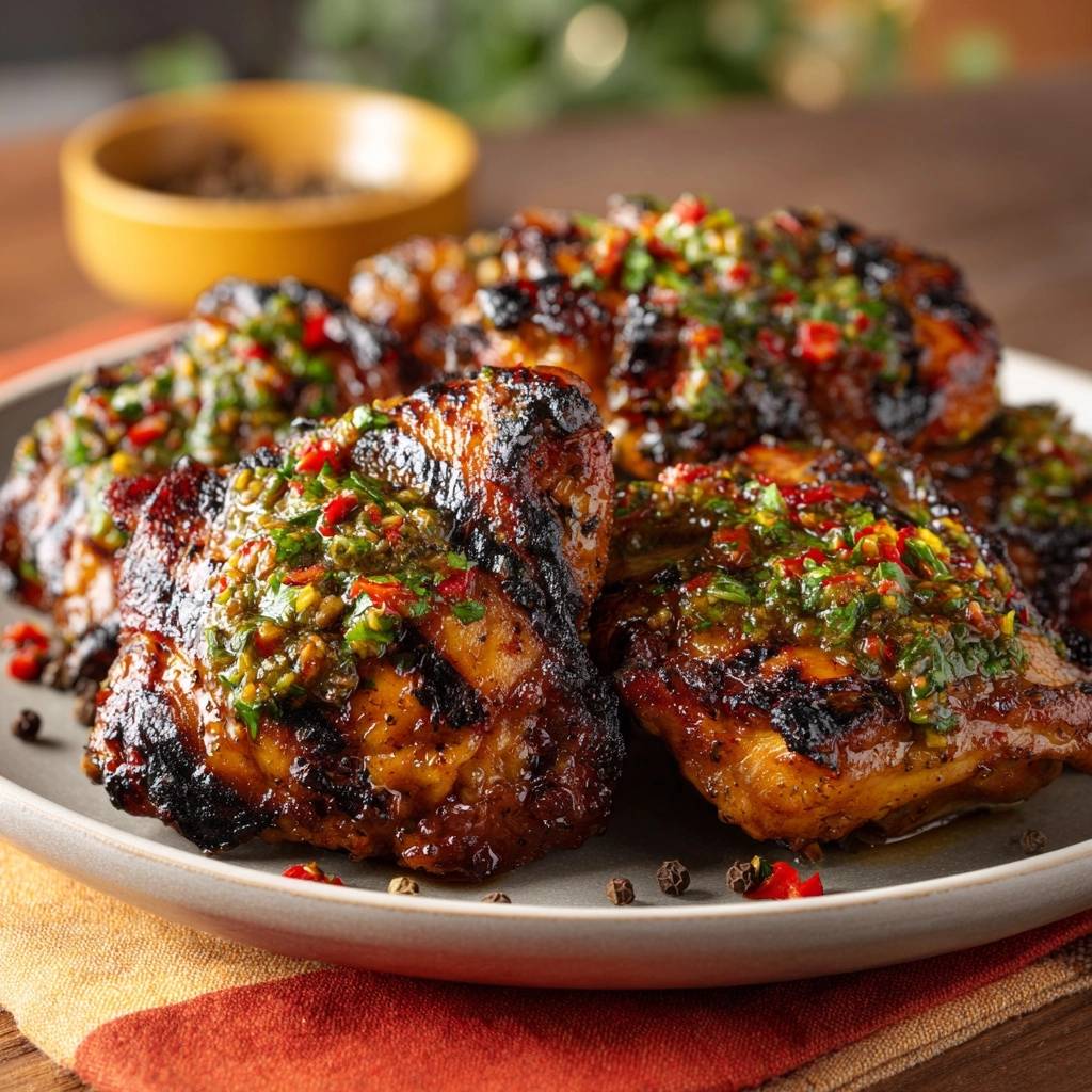Grilled chicken thighs with chimichurri sauce plated and shown in a close-up view with visible herbs and spices.