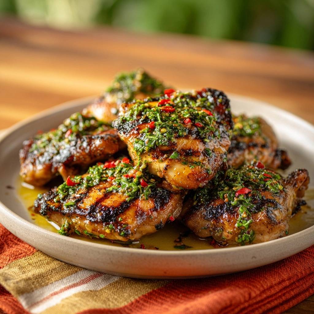Grilled chicken thighs with chimichurri sauce generously spooned over the top, plated on a light-colored dish.