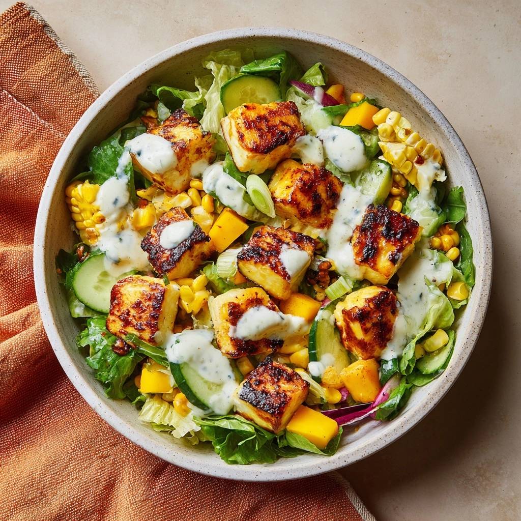 Grilled paneer mango corn salad served in a rustic bowl, showcasing grilled paneer cubes and fresh ingredients.