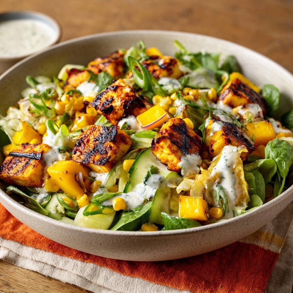 Grilled paneer mango corn salad served in a rustic bowl with a creamy dressing, showcasing all the fresh ingredients.