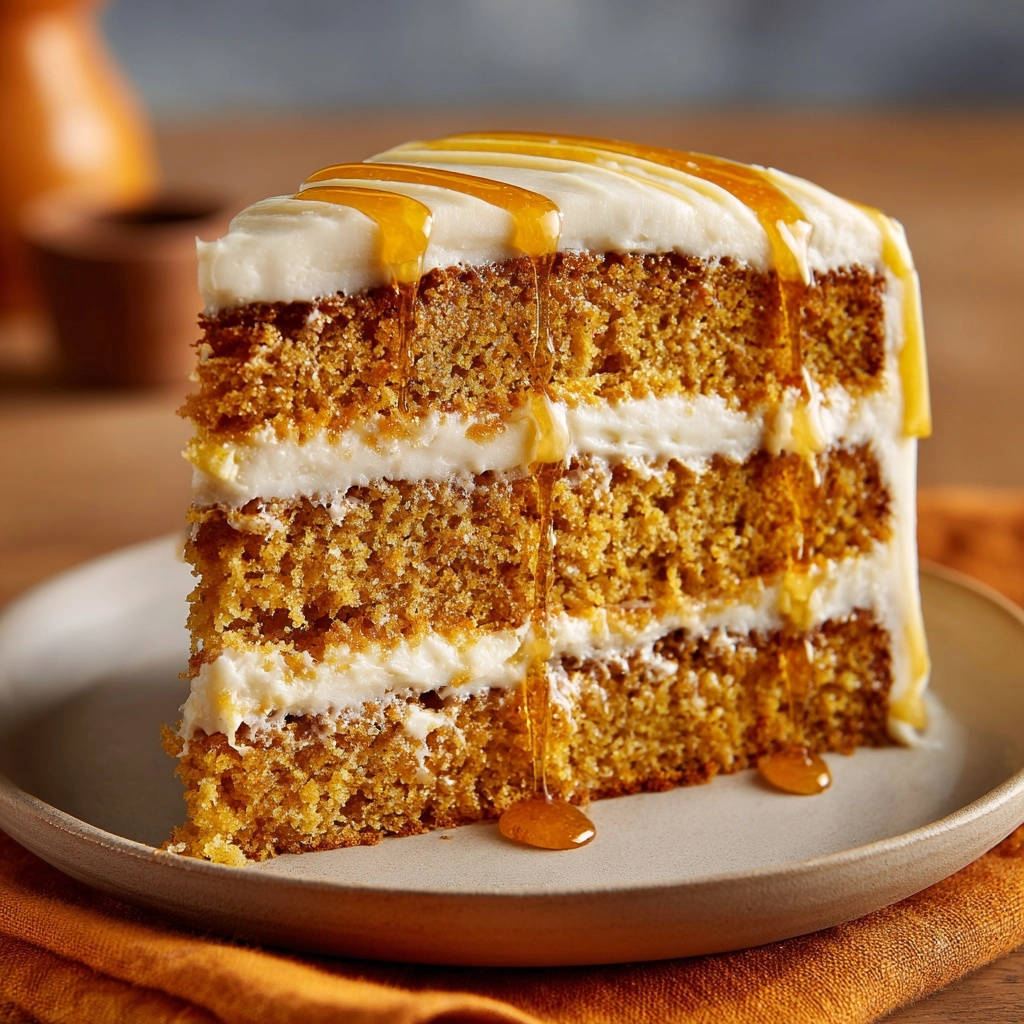 Classic Harvest Spice Cake sliced and drizzled with honey, showing its moist crumb and cream cheese frosting.