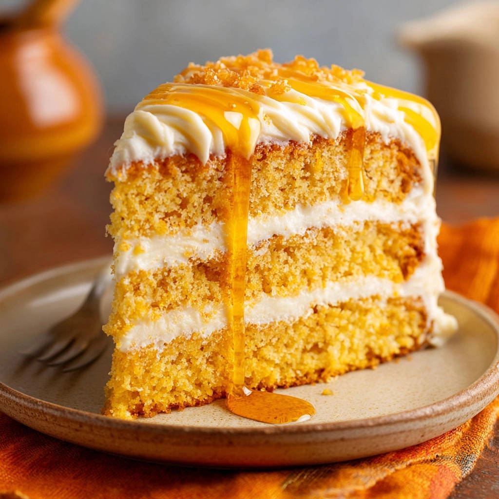 Classic Harvest Spice Cake shown as a thick slice with creamy frosting and a generous drizzle of golden honey.