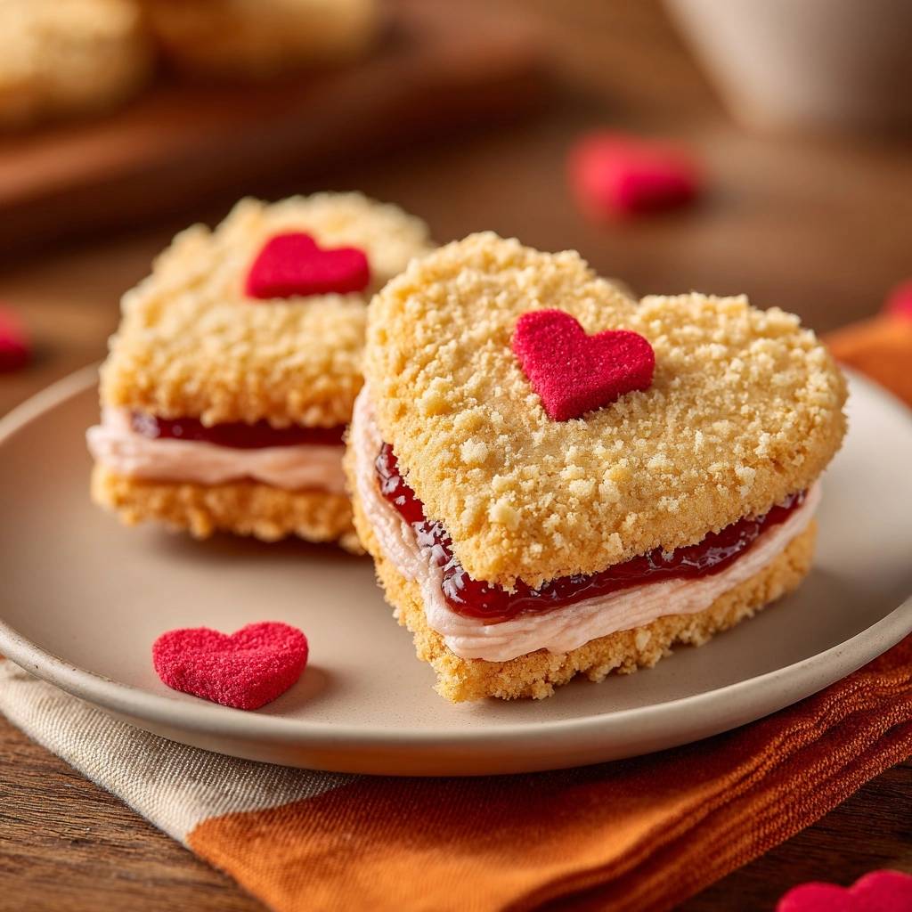 Heart-shaped shortbread jam sandwiches plated with a red heart garnish, showing a close-up view of the layers.