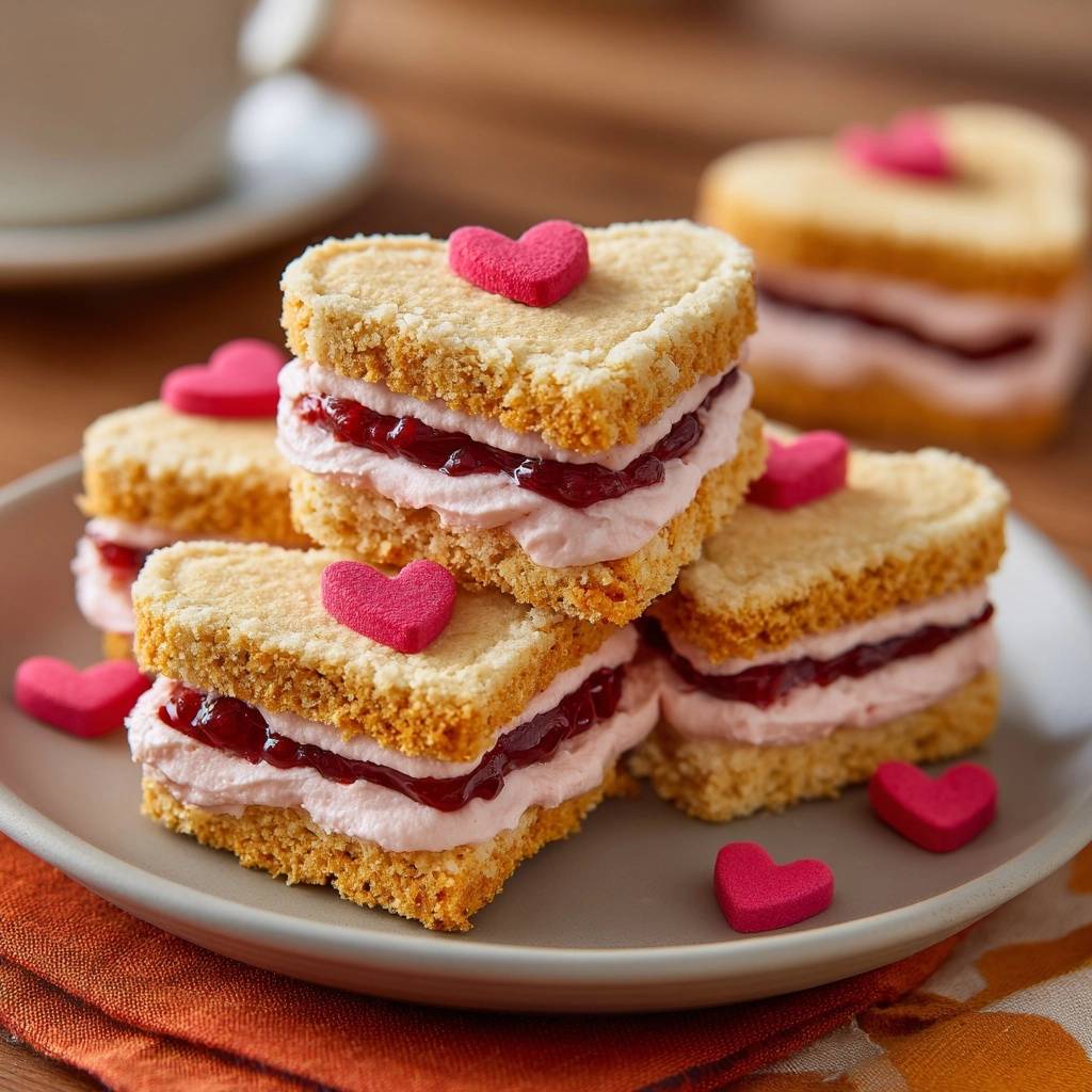 Heart-shaped shortbread jam sandwiches stacked on a plate, adorned with pink heart sprinkles.
