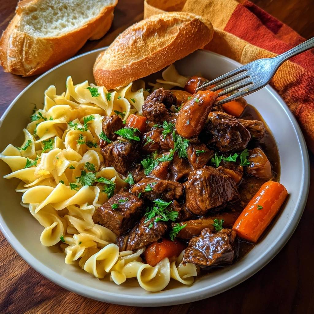 Hearty beef and noodles served with egg noodles, with a fork lifting a piece of tender beef and carrot.