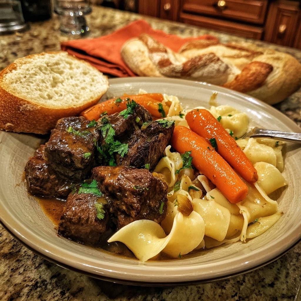 Hearty beef and noodles shown fork-tender in a serving with egg noodles and carrots on a plate.