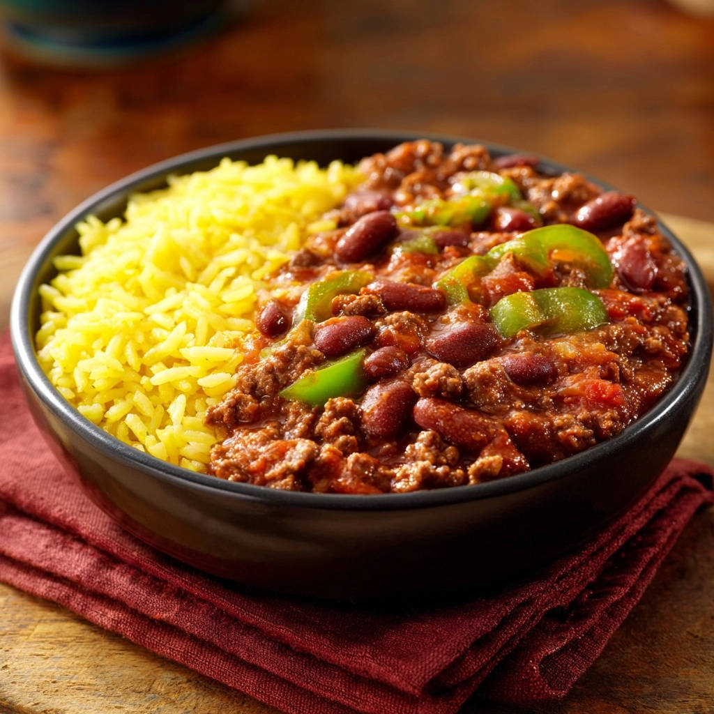 Hearty beef and bean chili with yellow rice served in a black bowl, showing a close-up side view of the texture.