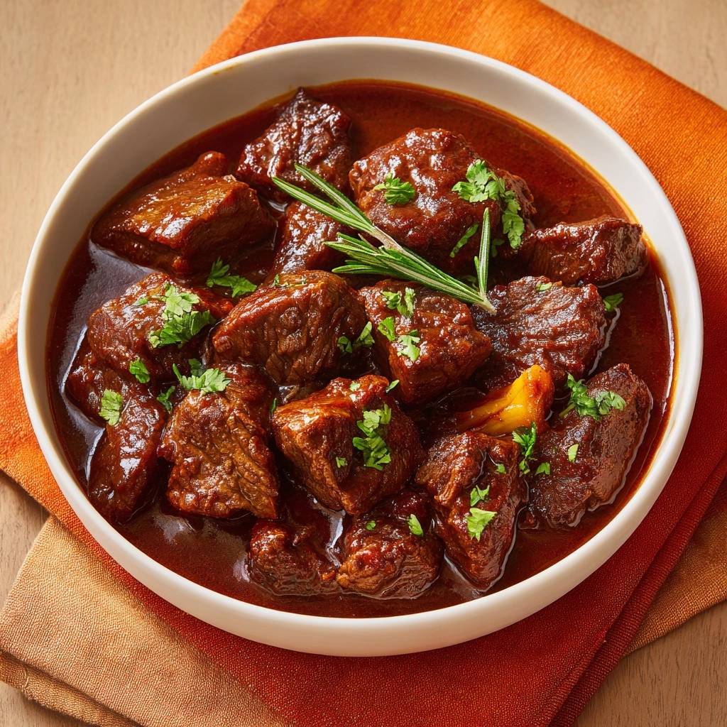 Hearty beef carrot stew with tender beef pieces and fresh parsley garnish in a white bowl.