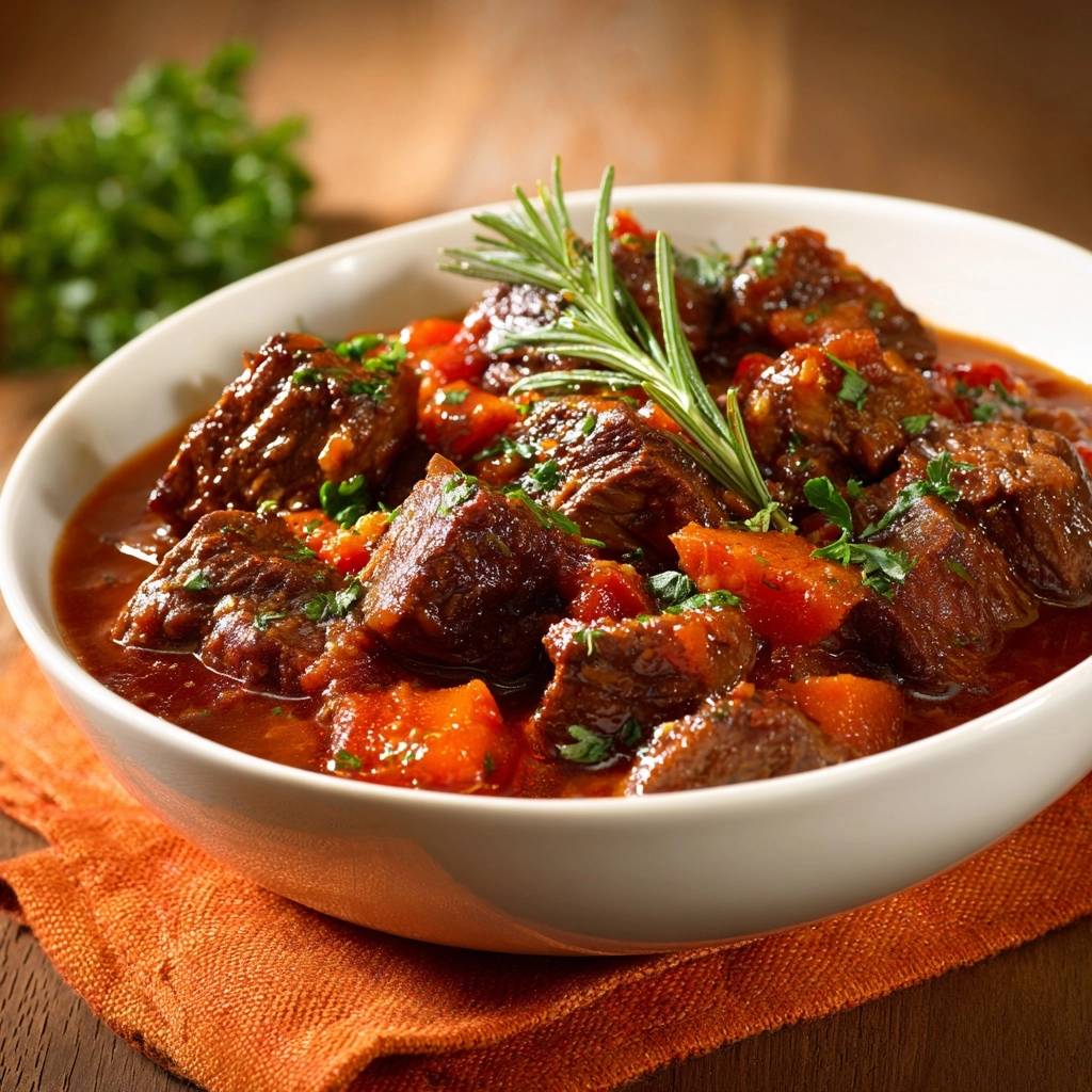 Hearty beef carrot stew with tender beef and a rosemary garnish in a white bowl.