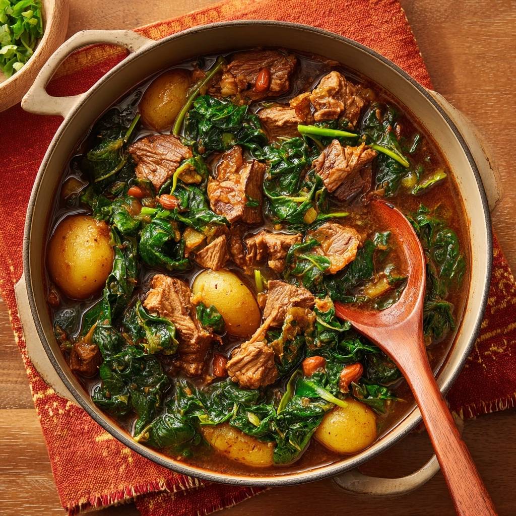 Hearty beef spinach potato stew shown in a pot with a wooden serving spoon, offering an overhead view of the rich dish.