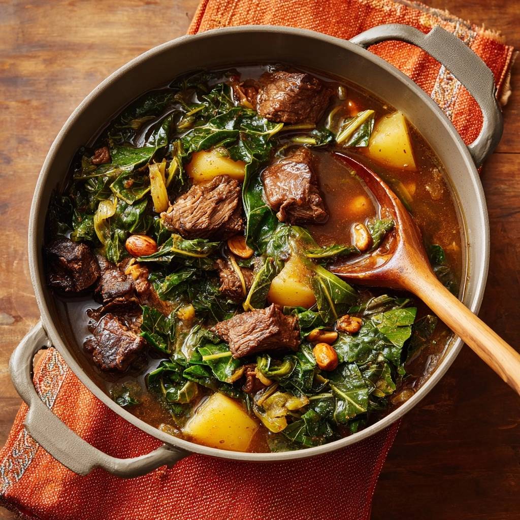Hearty beef spinach potato stew in a pot with a wooden spoon, shown from an overhead perspective.