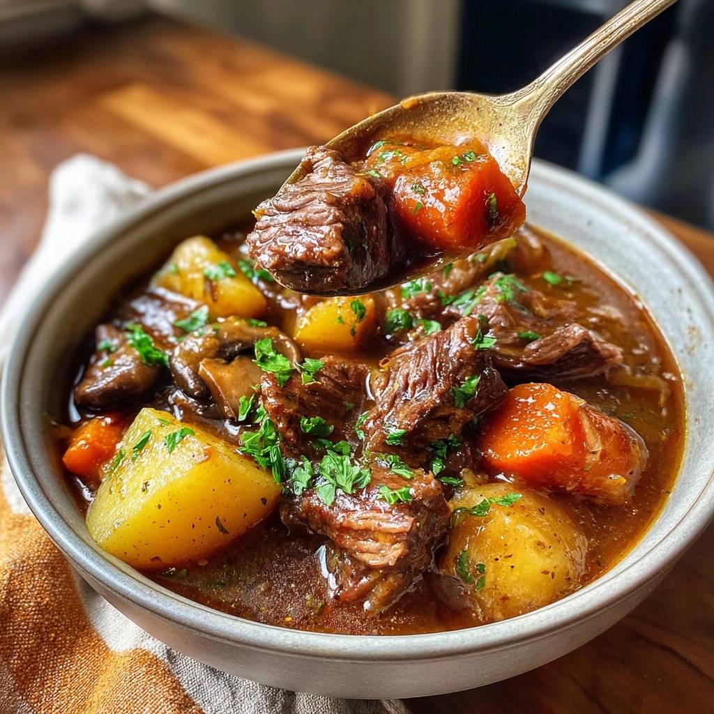 Hearty beef stew with tender chunks, potatoes, and carrots being lifted on a spoon.