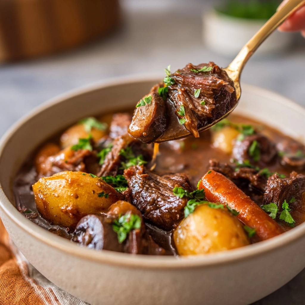 Hearty beef stew with tender chunks and vegetables, shown with a spoonful lifted from the bowl.