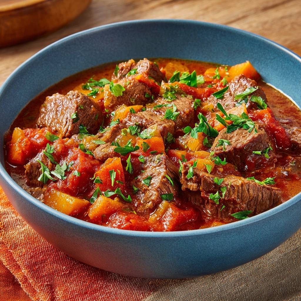 Hearty beef sweet potato stew served in a blue bowl, garnished with fresh parsley, showcasing tender beef and vegetables.