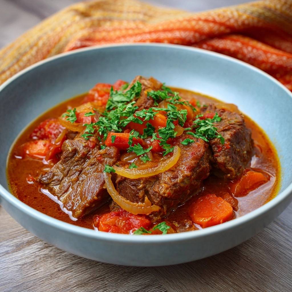 Hearty beef sweet potato stew served in a blue bowl, garnished with fresh parsley.