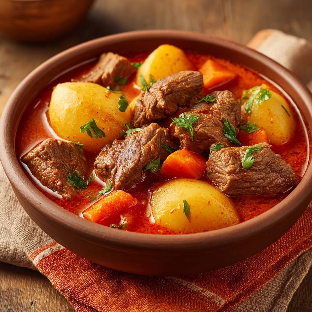 Hearty tomato beef stew with tender beef, potatoes, and carrots served in a rustic brown bowl.