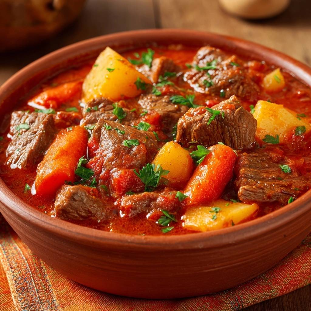 Hearty tomato beef stew with tender beef chunks, potatoes, and carrots in a rich sauce, garnished with parsley.
