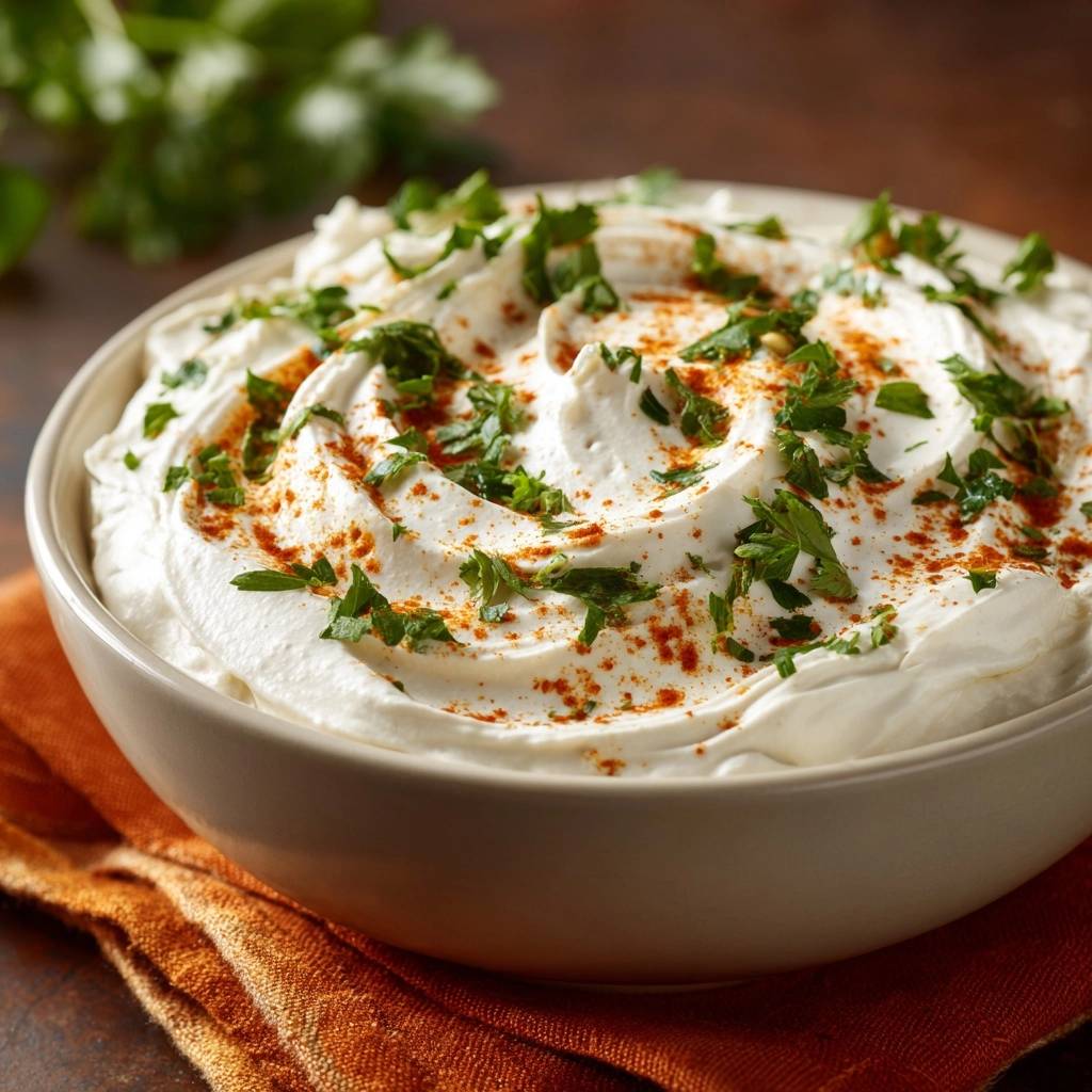 Herbed labneh dip shown in a bowl, generously garnished with fresh parsley and paprika.