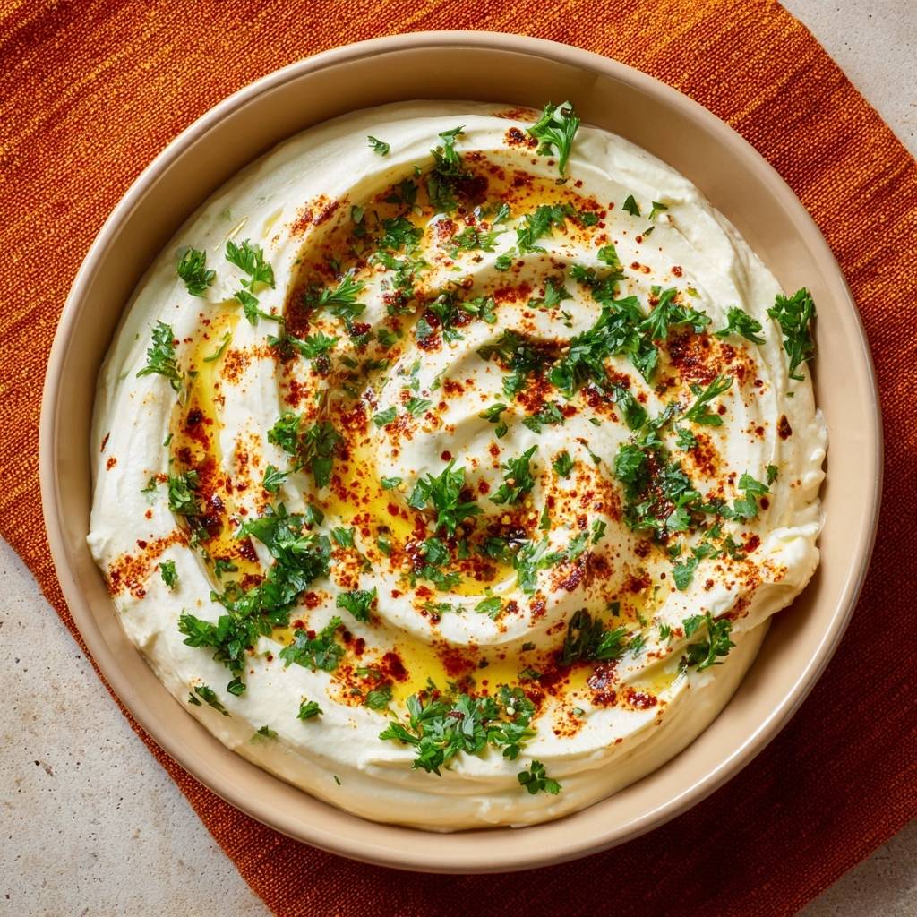 Herbed labneh dip garnished with parsley, paprika, and olive oil in a bowl, viewed from overhead.