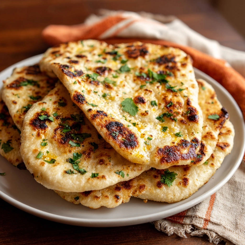 Homemade garlic herb naan close-up, stacked on a plate and garnished with fresh parsley.