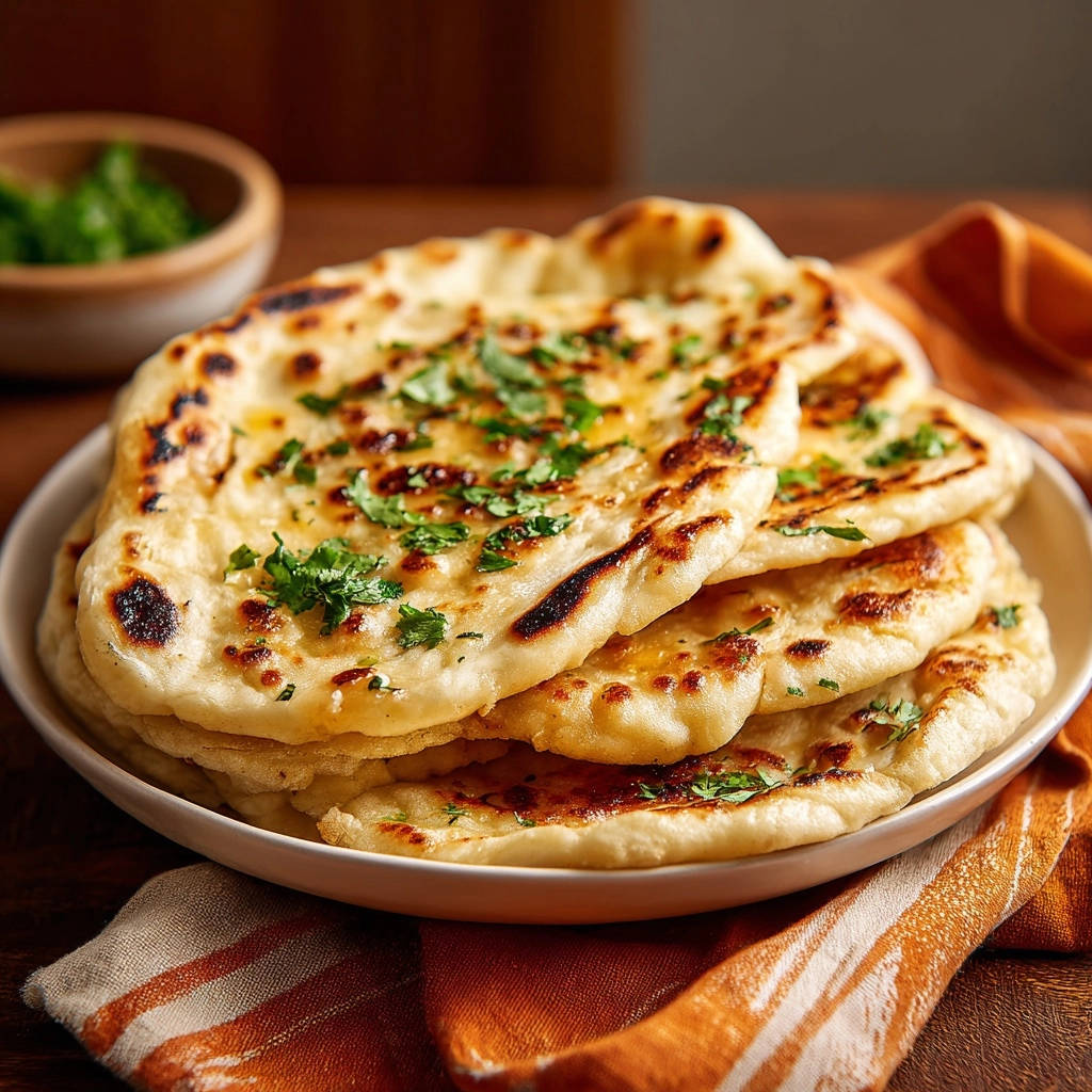 Homemade garlic herb naan stacked on a plate, garnished with fresh herbs and glistening with butter.