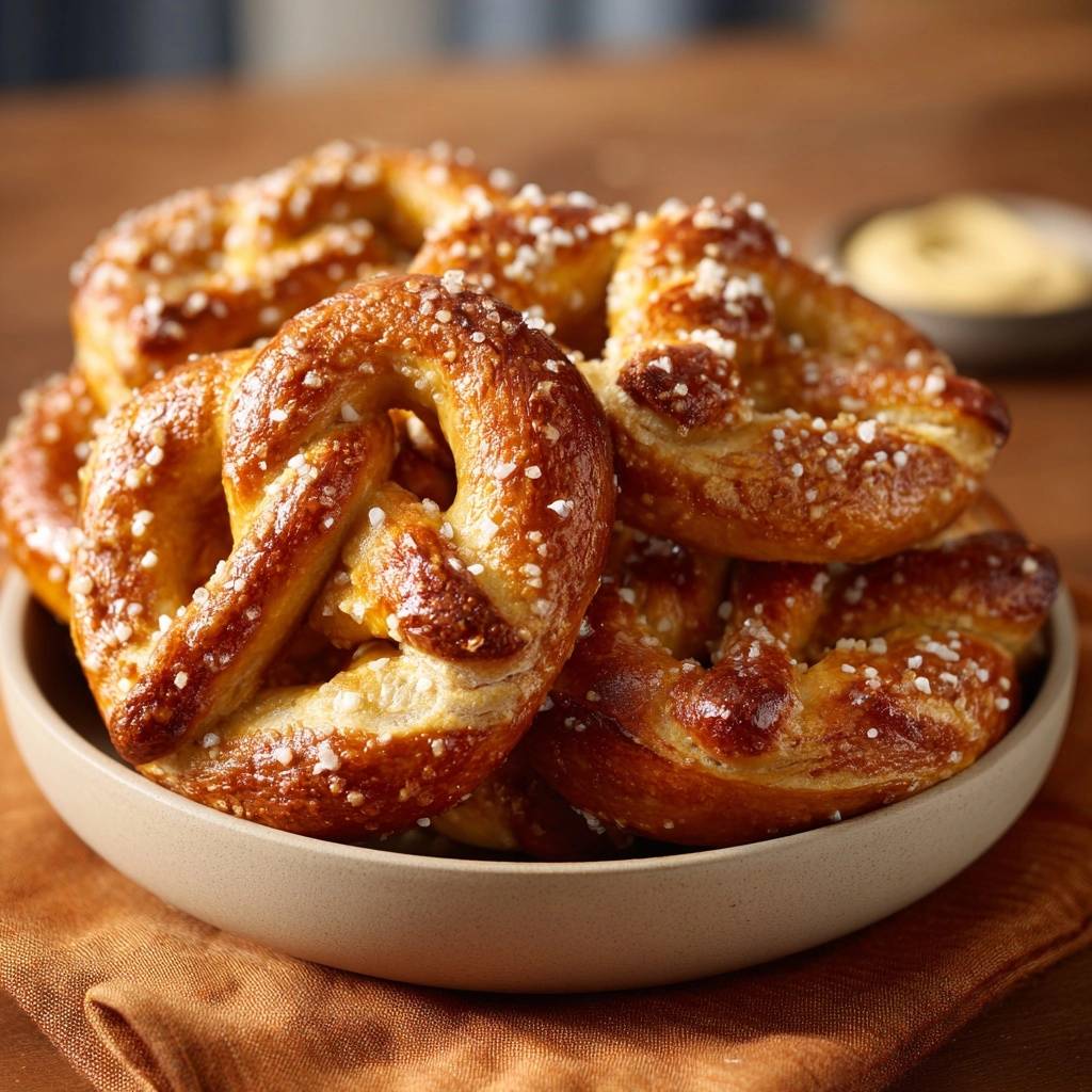 Homemade soft pretzels generously sprinkled with salt, piled high in a rustic bowl with a side of butter.