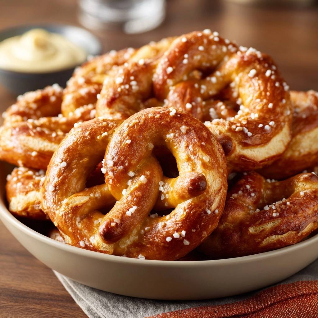 Homemade soft pretzels piled high in a bowl, sprinkled with coarse salt and a hint of mustard in the background.