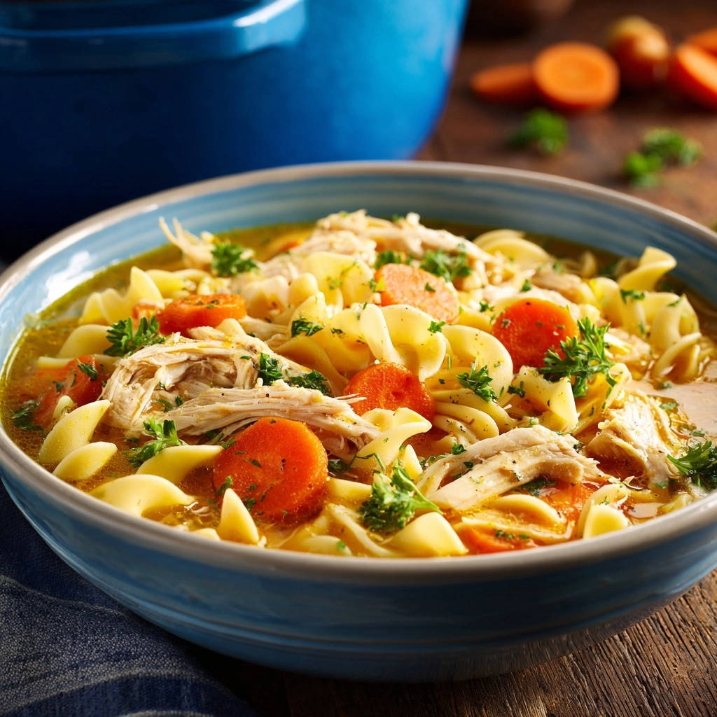 Homestyle chicken noodle soup served in a blue bowl with a close-up view of noodles, chicken, and carrots.