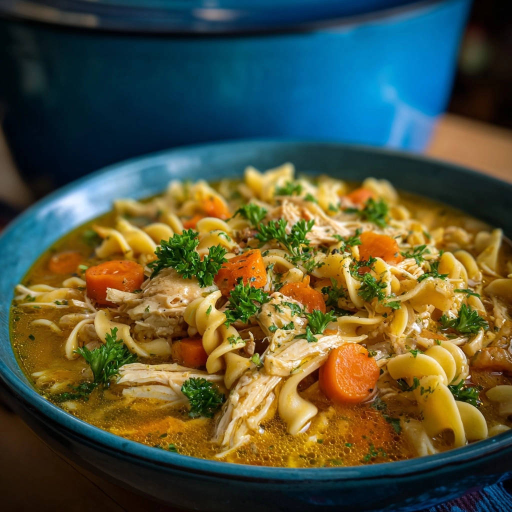 Homestyle chicken noodle soup in a blue bowl, featuring rotini pasta, shredded chicken, carrots, and fresh parsley garnish.