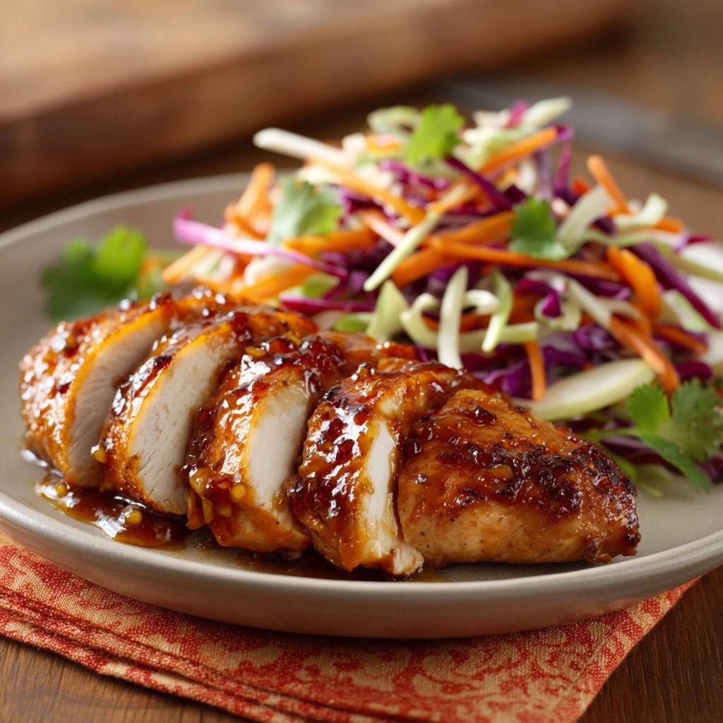 Juicy honey glazed chicken with crunchy apple cabbage slaw, sliced and plated with a side of fresh slaw.