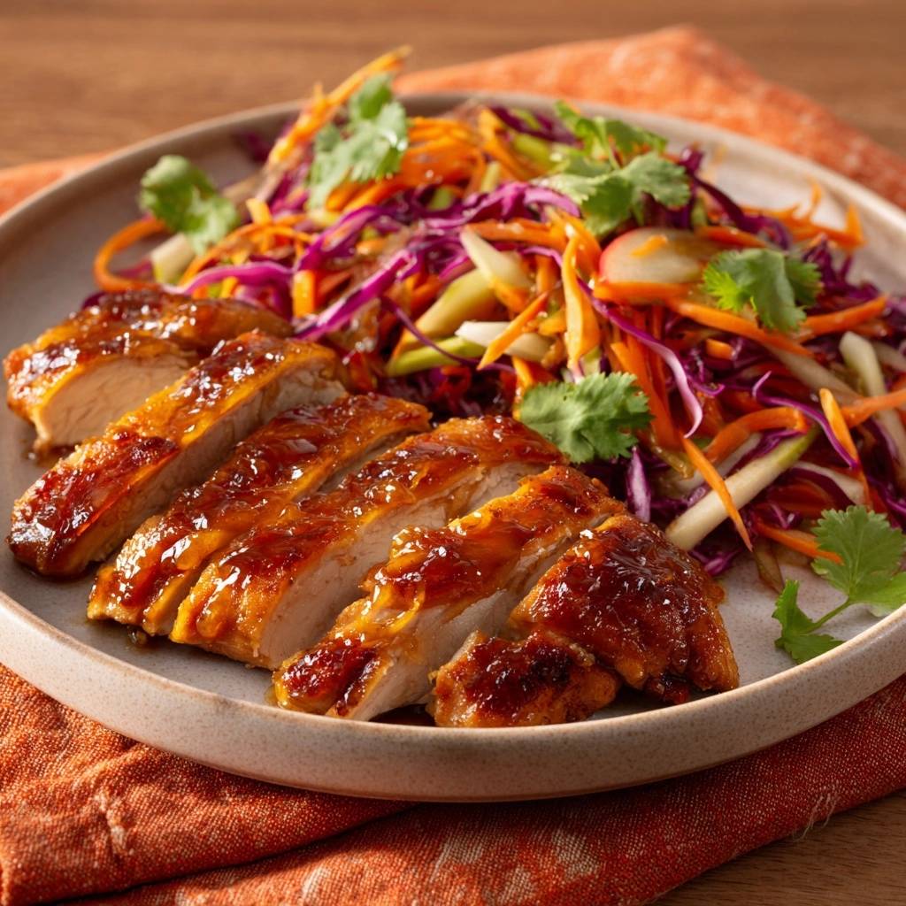 Juicy honey glazed chicken with crunchy apple cabbage slaw, sliced and plated with a side of fresh slaw.