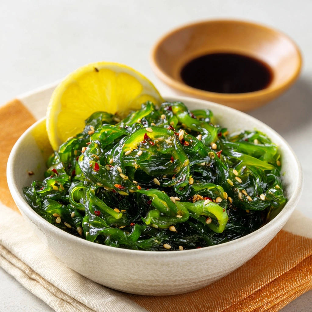 Japanese-style seaweed salad with a lemon wedge and sesame seed garnish in a bowl.