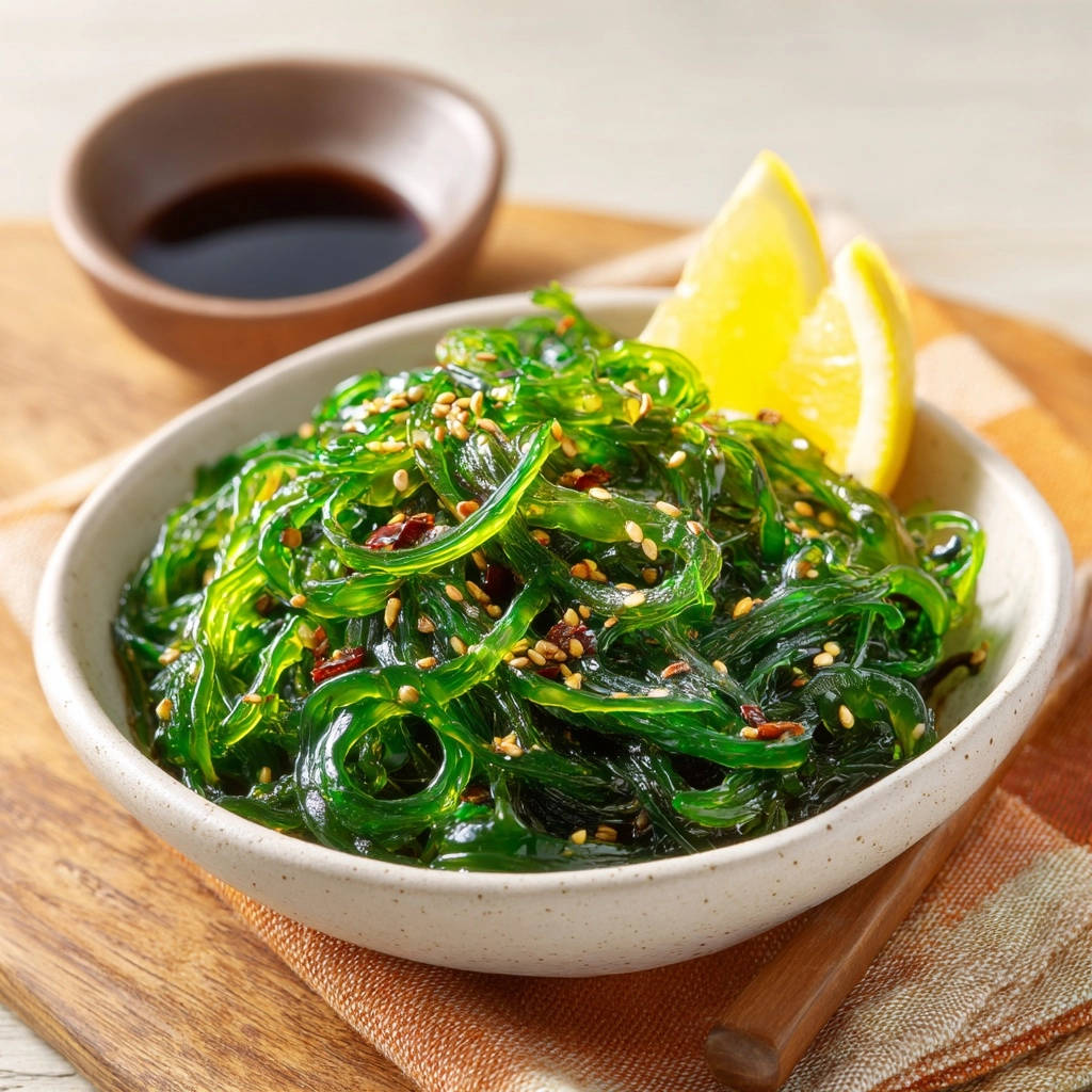 Japanese-style seaweed salad with sesame seeds and chili flakes, served with lemon wedges in a bowl.