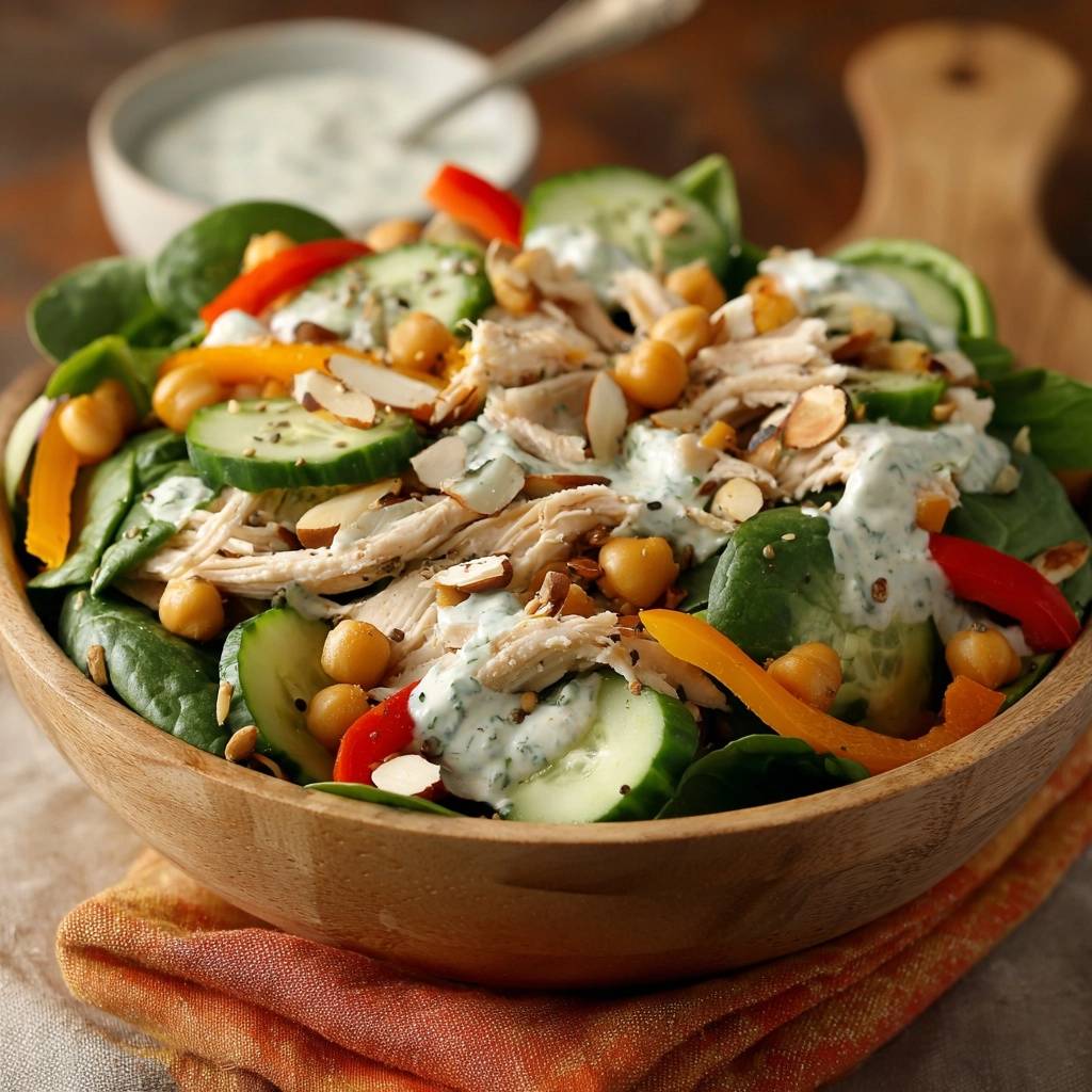 Juicy chicken chickpea spinach salad served in a wooden bowl with a creamy dressing and sliced almonds.