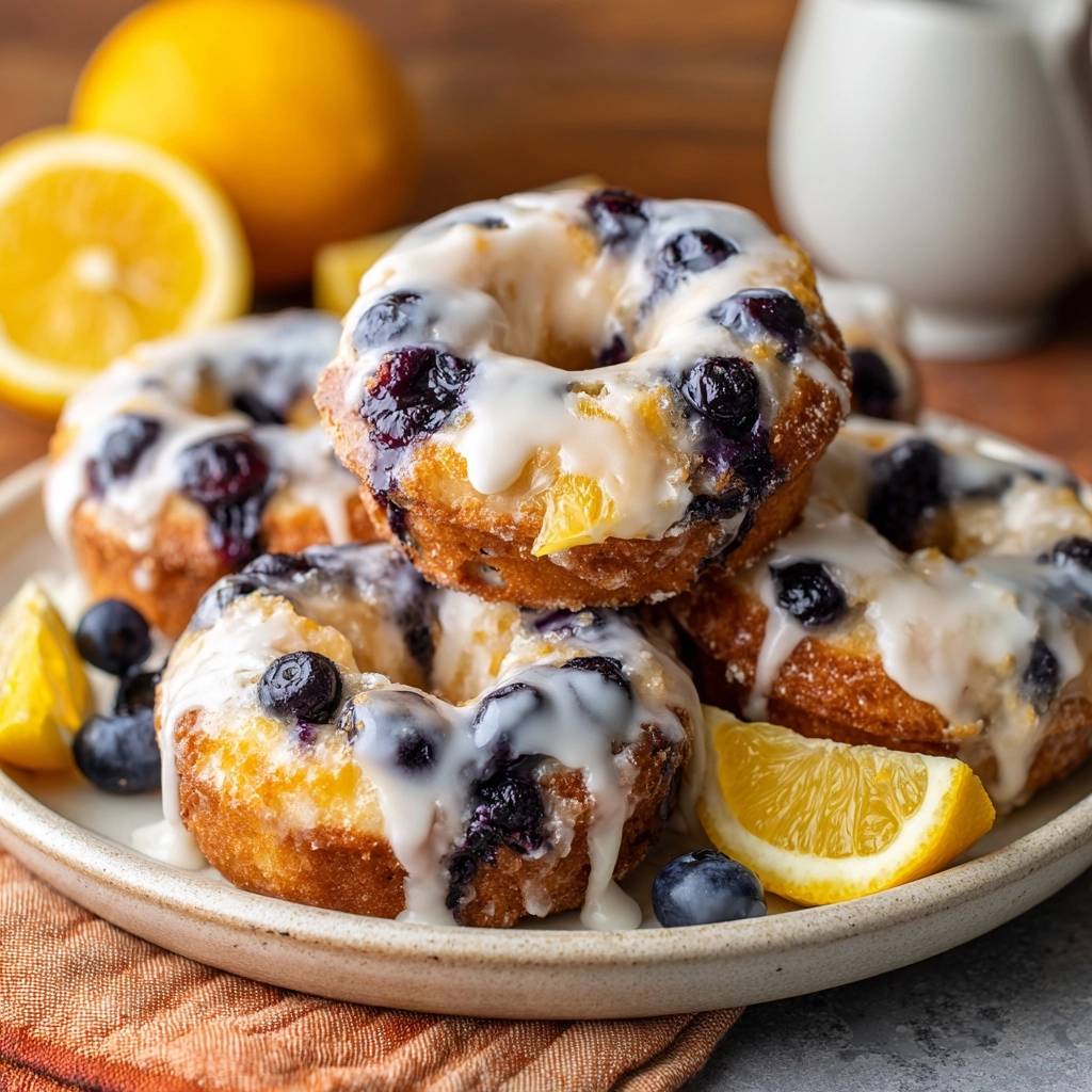 Lemon glazed blueberry cake donuts stacked on a plate with fresh lemon wedges and blueberries.