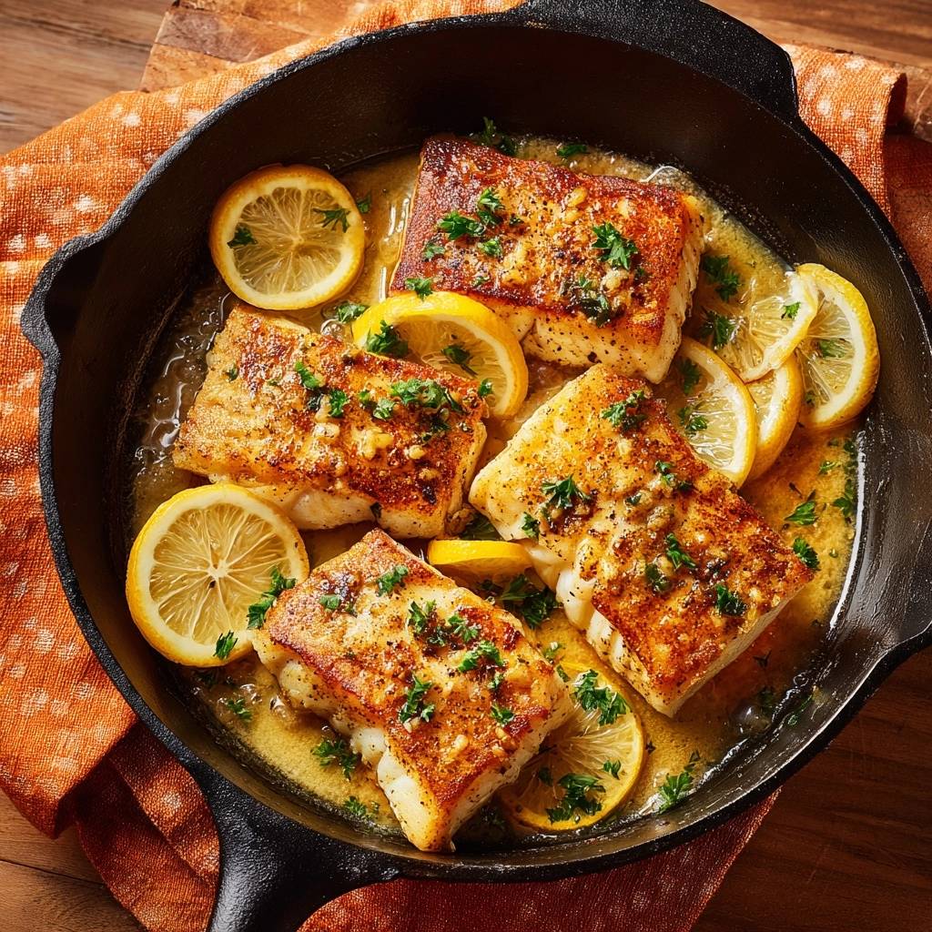 Lemon butter pan-seared cod served in a cast iron skillet with lemon slices and fresh parsley.