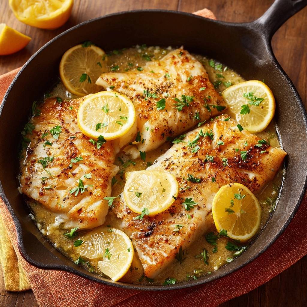 Lemon butter pan-seared cod served in a skillet with lemon slices and parsley, viewed from above.
