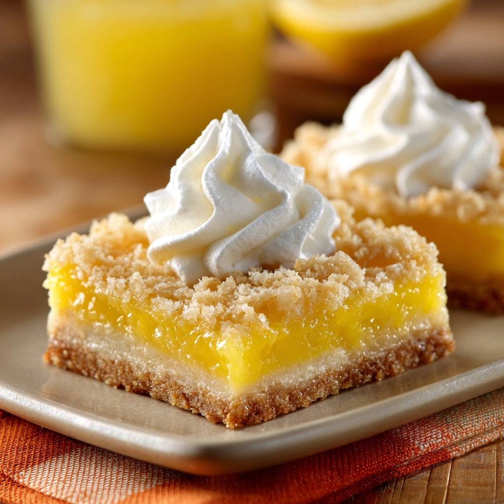Lemon crumble bars with a crisp crust topped with whipped cream and served on a plate.