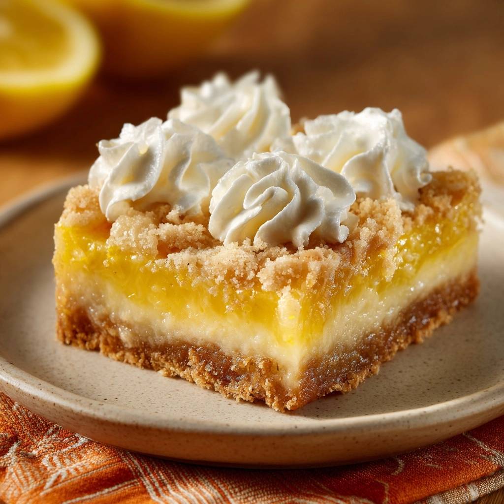 Lemon crumble bars with crisp crust mastery topped with whipped cream and crumble, served on a plate.