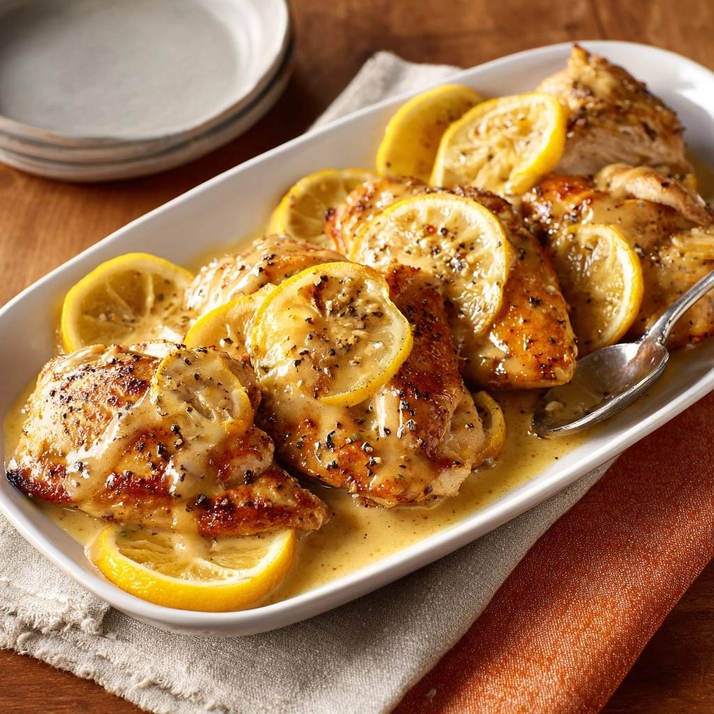 Lemon garlic pepper chicken served in a white platter with fresh lemon slices and a spoon.