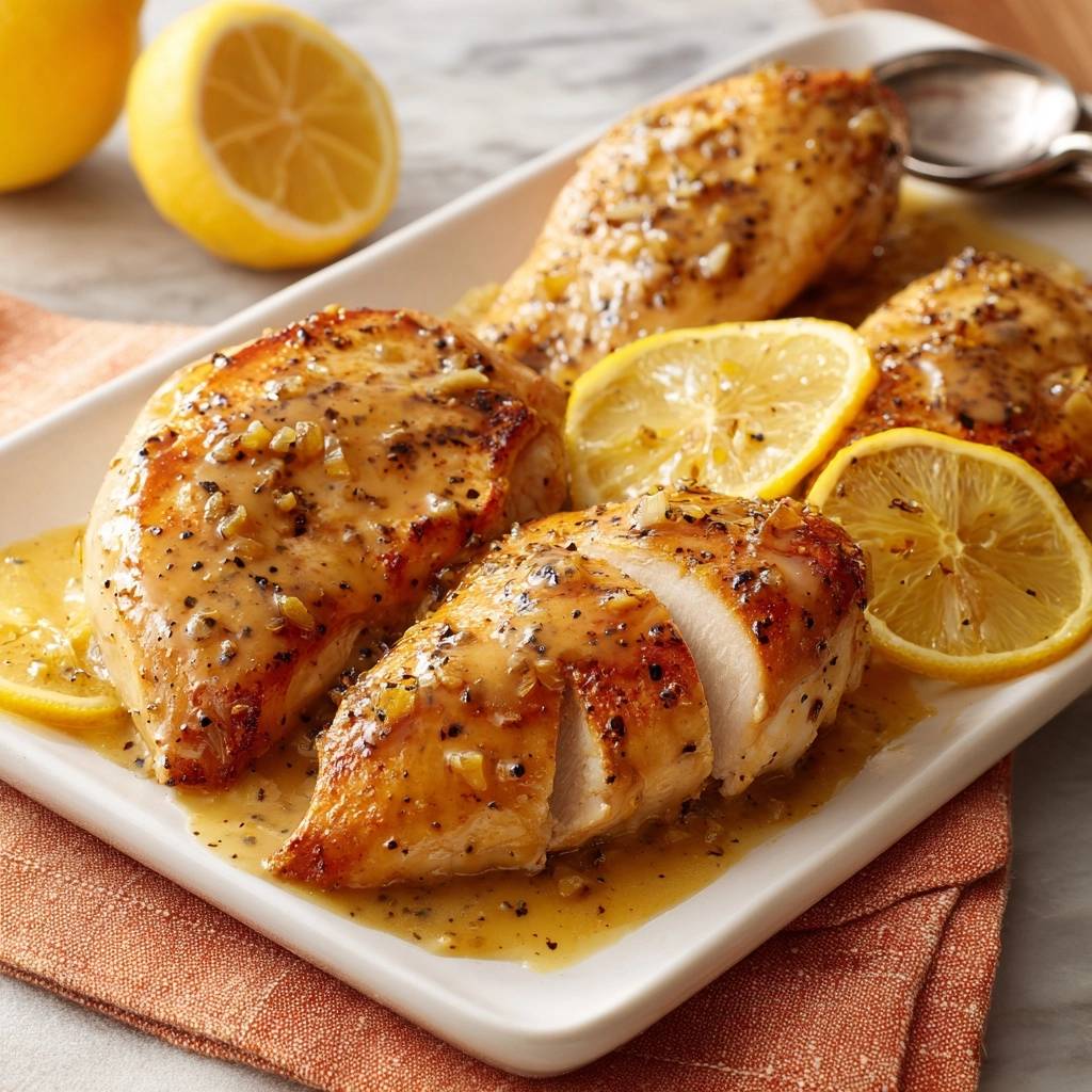 Lemon garlic pepper chicken shown in a close-up cross-section, highlighting the juicy interior and lemon slices.