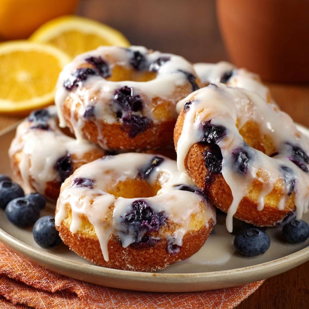 Lemon glazed blueberry cake donuts piled on a plate with fresh blueberries and orange slices in the background.