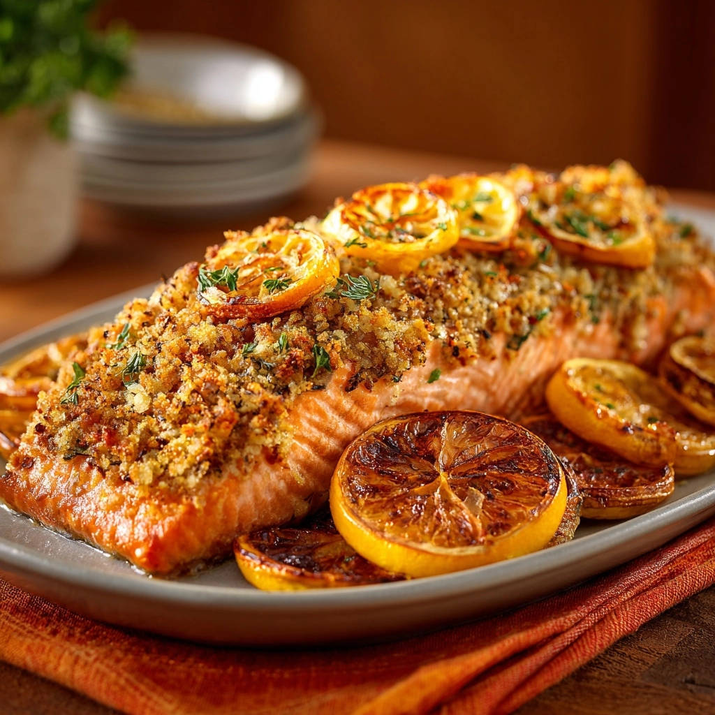 Lemon herb crusted salmon with roasted lemon slices on a serving platter.