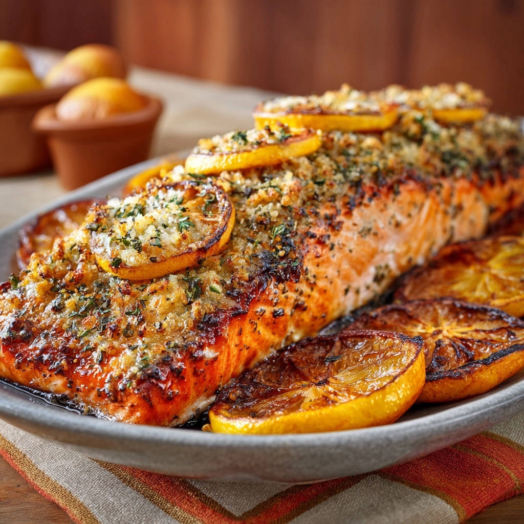 Lemon herb crusted salmon, a close-up overhead view showcasing the golden crust and citrusy topping.