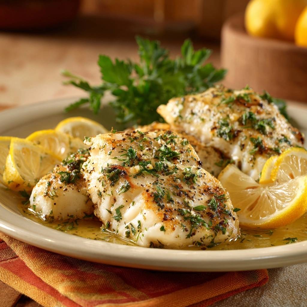 Lemon pepper fish served on a plate with lemon slices and fresh parsley garnish.
