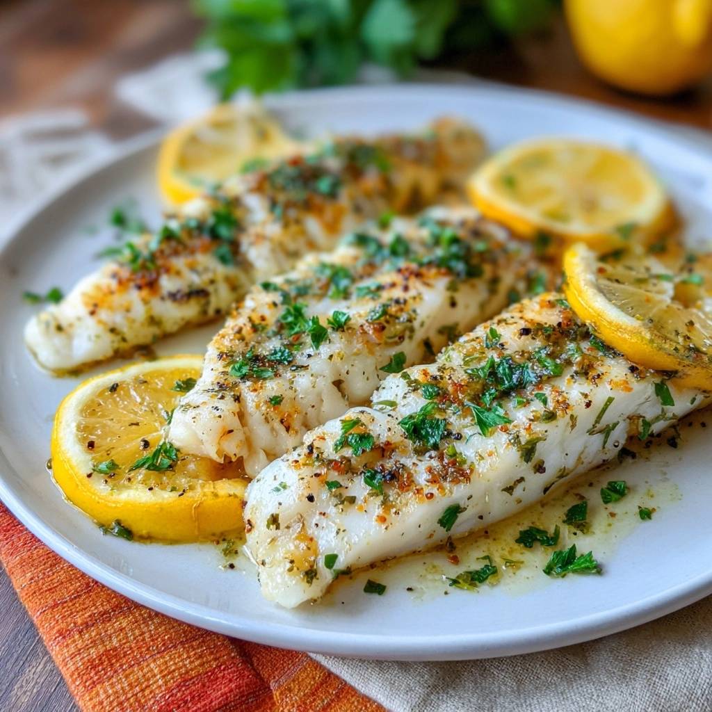 Lemon pepper fish plated with lemon slices and fresh parsley, showcasing a moist and flaky texture.