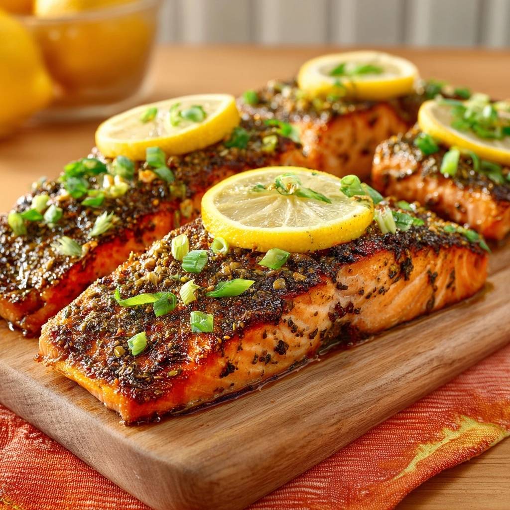 Lemon pepper crusted salmon with a close-up view of the fresh lemon slice and chopped green onions garnish.