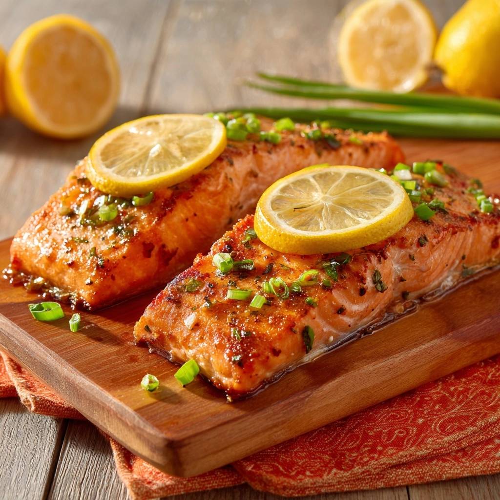 Lemon pepper crusted salmon garnished with lemon slices and chopped green onions on a wooden board.